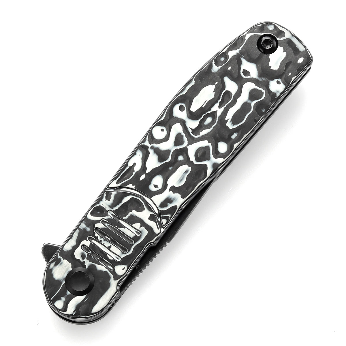 Expected to ship on March 20 -- Tenable Einar Folding Knife Black & White Carbon Fiber Handle (3.13'' Blackwash Nitro-V Blade) Justin Lundquist Design-T2072A4