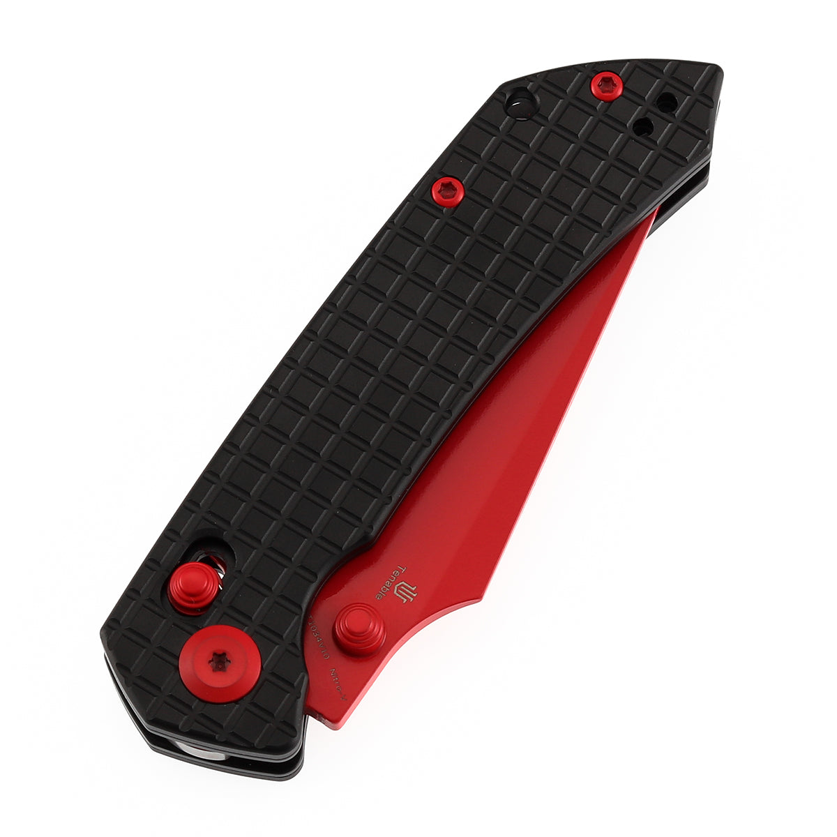 Tenable Fenrir Cross Bar Lock Folding Knife| Blcak Aluminum with Frag Pattern | Red Coated Nitro-V Blade | T1034V10