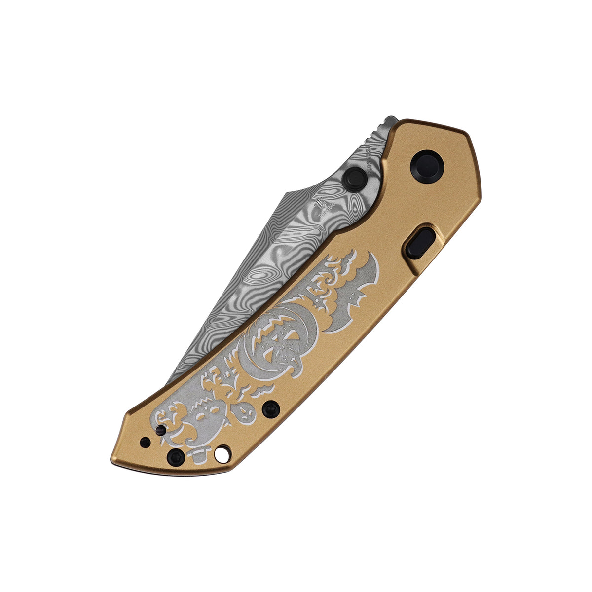 Tenable Fenrir Halloween Limited Edition Folding Knife | Top Liner Lock | 3.4" Water Ripple Damascus Blade | Golden Anodized Aluminum Spooky Gothic Pattern Handle | Sparrow Knife Design - B1034H24
