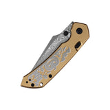 Tenable Fenrir Halloween Limited Edition Folding Knife | Top Liner Lock | 3.4" Water Ripple Damascus Blade | Golden Anodized Aluminum Spooky Gothic Pattern Handle | Sparrow Knife Design - B1034H24