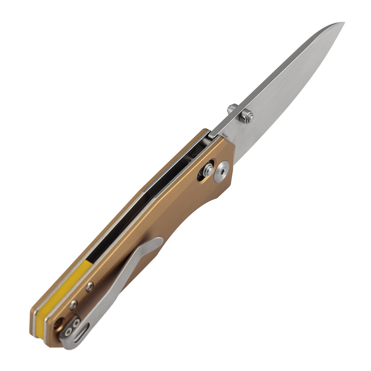 Tenable Beaver Cross Bar Lock Folding Knife Bronze Aluminum Handle (3.44'' Stonewashed Nitro-V Blade) Kim Ning Design-T1105V8