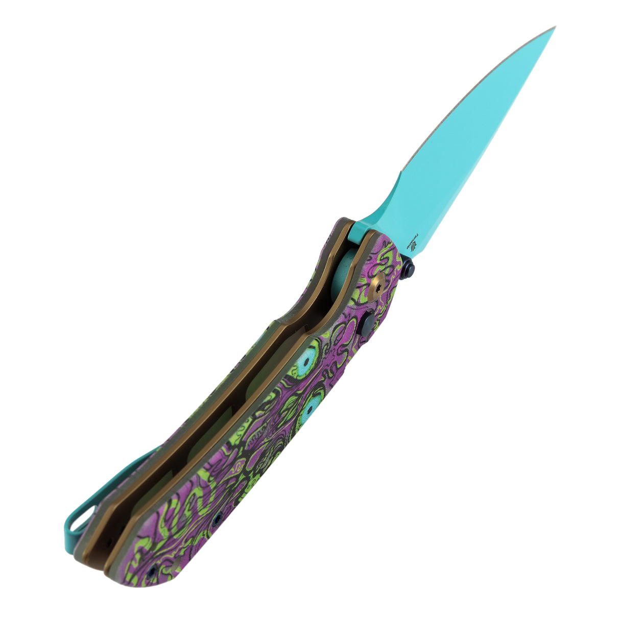 Fenrir Button Lock Knife | Jade G10 with Purple Undead Print Handle | 3.45" Blue Coated 14C28N Blade| Sparrow Knife Design | T1034F9
