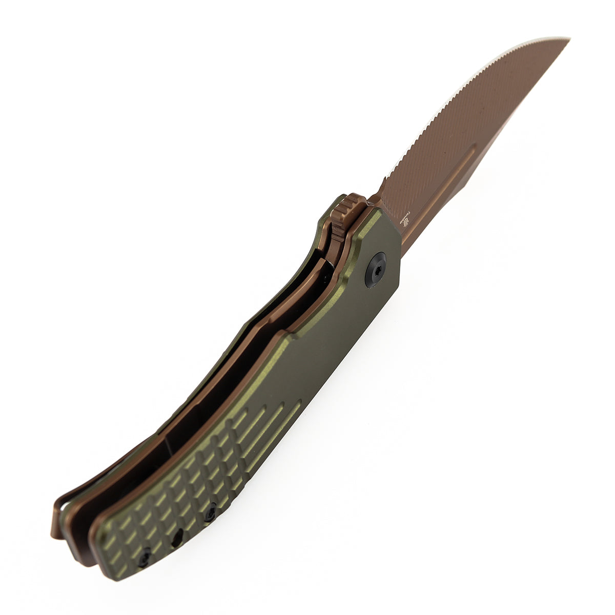 Tenable Orion Flipper Folding Knife |  3.07" Rose Gold Nitro V with CNC Milling Blade | Green Aluminum Handle | JB Stout Design | B1089C2