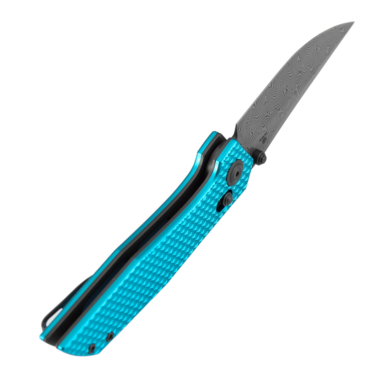 Tenable Deadite Cross Bar Lock Knife | 3.52" Water Ripple Damascus Blade | Light Blue Anodized Aluminum Handle | TuffKnives Design - B1081V1