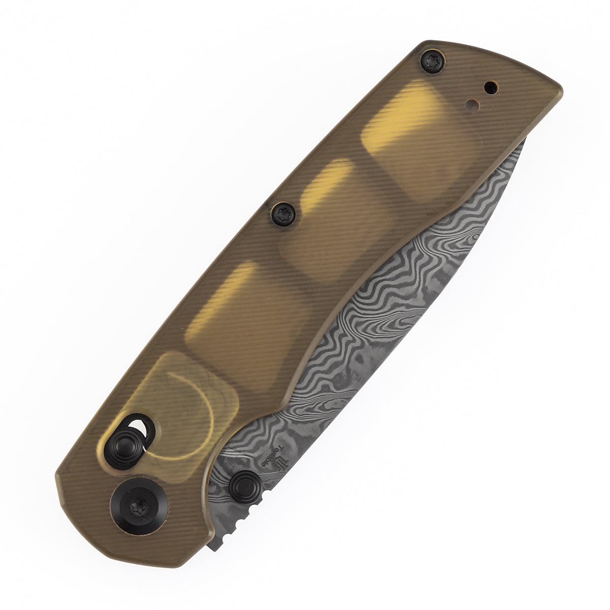 Tenable Kryo Cross Bar Lock | Amber PEI/Ultem Handle | 3.58‘’ Damascus Blade | Kim Ning Design-T1001V10