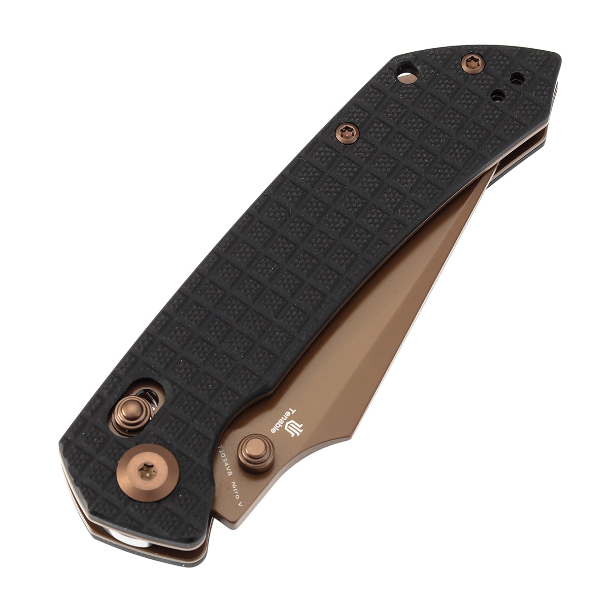 Tenable Fenrir Cross Bar Lock Folding Knife| Black G10 with Frag Pattern| 3.49" Rose Gold Coated Nitro-V Blade | Sparrow Knife Design | T1034V8
