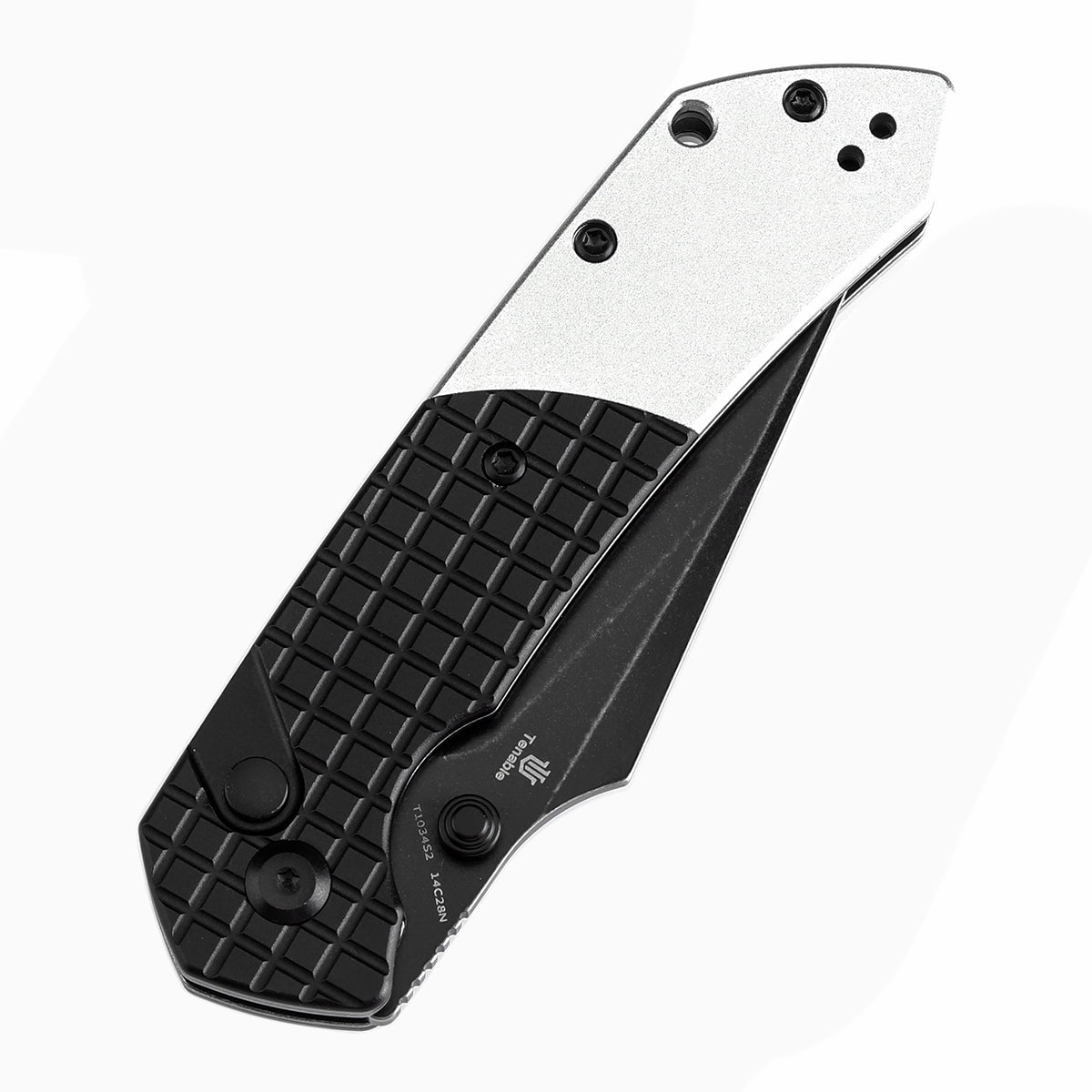 Tenable Button Lock Fenrir Folding Knife Black Frag Pattern & Plain Aluminum Handle (3.45" Blackwash 14C28N Blade) Sparrow Knife Design--T1034S2
