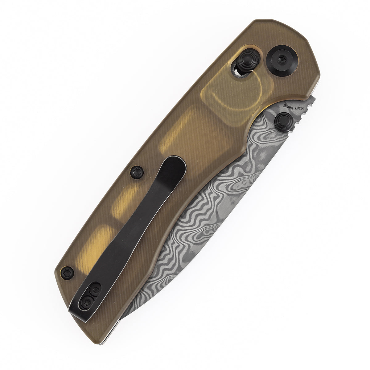 Tenable Kryo Cross Bar Lock | Amber PEI/Ultem Handle | 3.58‘’ Damascus Blade | Kim Ning Design-T1001V10