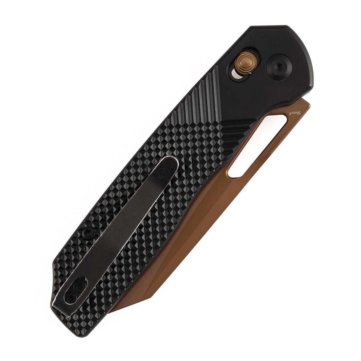 Tenable Shard | Cross Bar Lock Folding Knife | 3.47'' Rose Gold 14C28N Blade | Black Aluminum Handle | Kim Ning Design | T1006V10