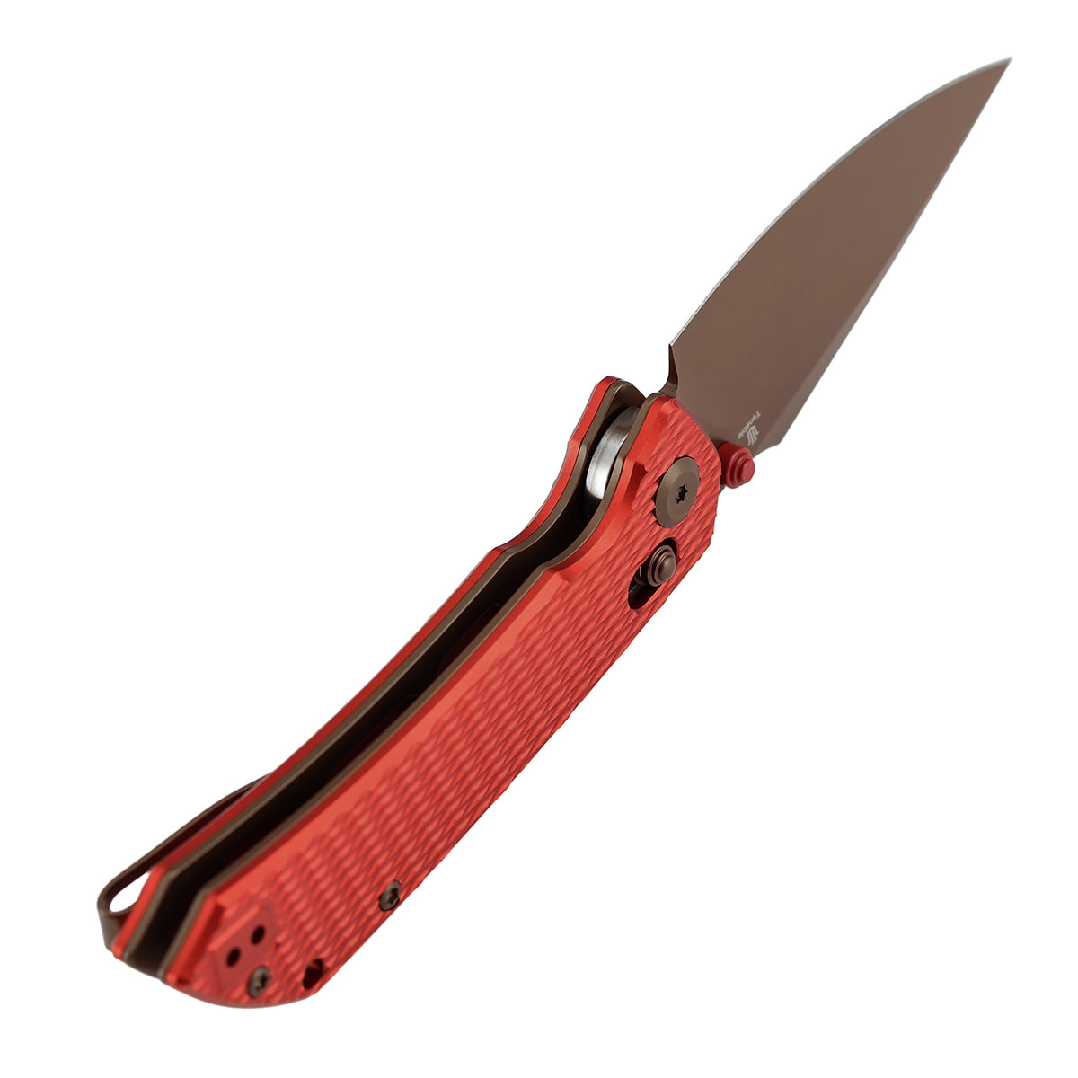 Tenable Fenrir Cross Bar Lock Folding Knife| 3.48'' Rose Gold Nitro V Blade | Red Anodized Aluminum with Diamond Pattern Handle | Sparrow Knife Design| T1034V17
