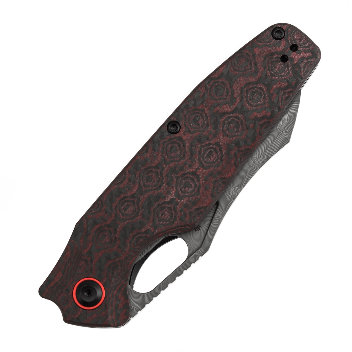 Tenable Tuckamore Folding Knife | 3.54" Water Ripple Damascus | Red & Black Rose Pattern Carbon Fiber | Jonathan Styles Design - B1052A4