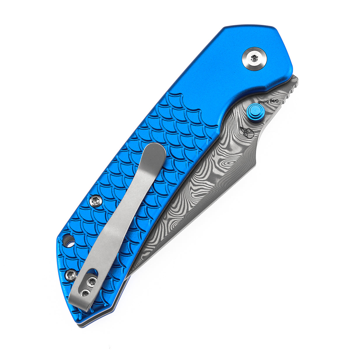 Available on TikTok - Tenable Fenrir Top Liner Lock Folding Knife| Dark Blue Anodized Aluminum with  Fishscale Texture Handle | 3.48“ Damascus Blade | Sparrow Knife Design | B1034H9