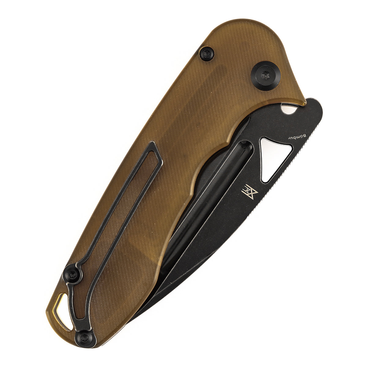 Pre-order: Ships on the Nov. 21st -Tenable Bömbur Folding Knife Amber PEI Handle (3.53'' Blackwashed Blade) Midgards Messer Design--T1054A7