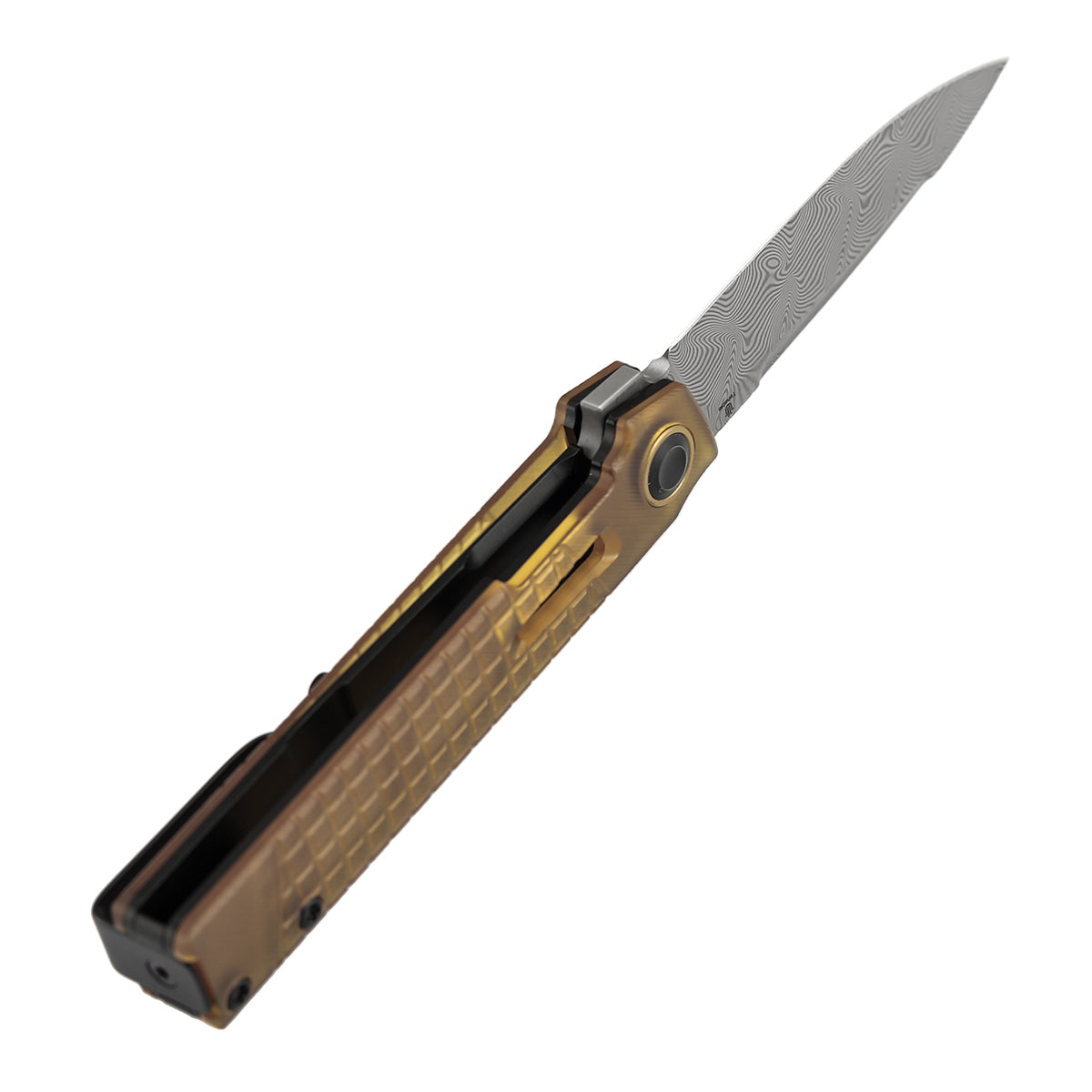 Tenable Kitpu Folding Knife | 2.9'' Water Ripple Damascus Blade | Amber PEI/Ultem with Frag Pattern Handle | Jonathan Styles Design - B2123A5