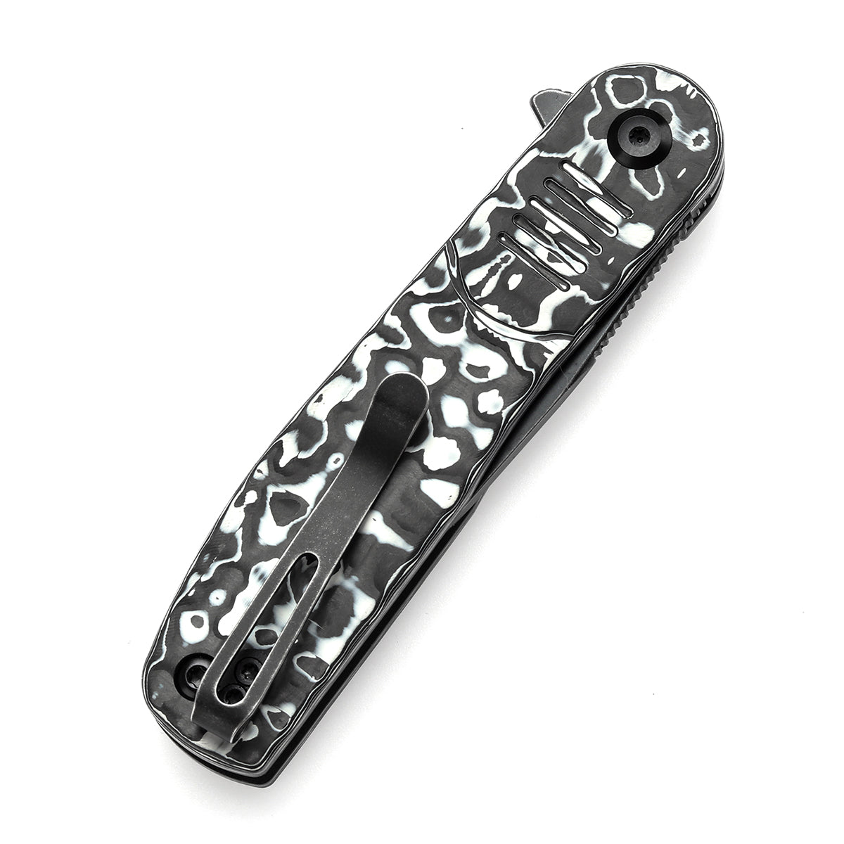 Expected to ship on March 20 -- Tenable Einar Folding Knife Black & White Carbon Fiber Handle (3.13'' Blackwash Nitro-V Blade) Justin Lundquist Design-T2072A4