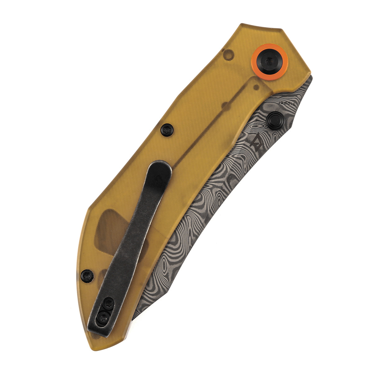 Tenable Tipper Folding Knife | 3.39'' Water Ripple Damascus Blade | Amber PEI Handle | Edgy Bladeworks Design | B1079A5