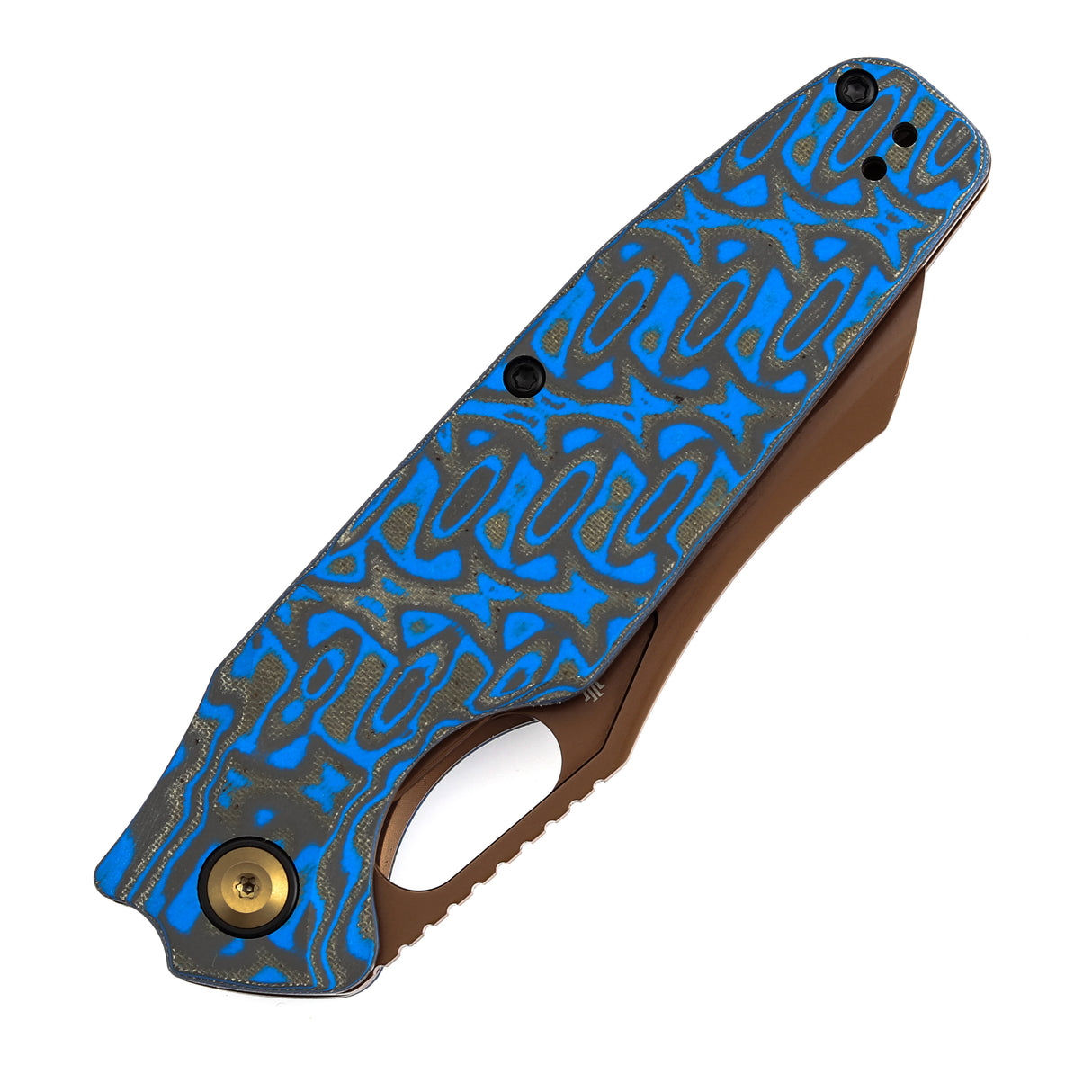 Tenable Tuckamore Folding Knife | 3.54" Rose Gold Nitro V | Blue & Yellow Vortex Micarta | Jonathan Styles Design - B1052A3