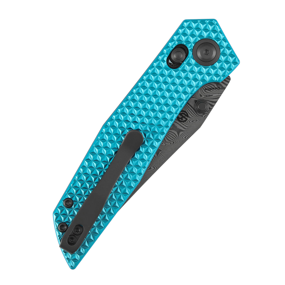 Tenable Deadite Cross Bar Lock Knife | 3.52" Water Ripple Damascus Blade | Light Blue Anodized Aluminum Handle | TuffKnives Design - B1081V1