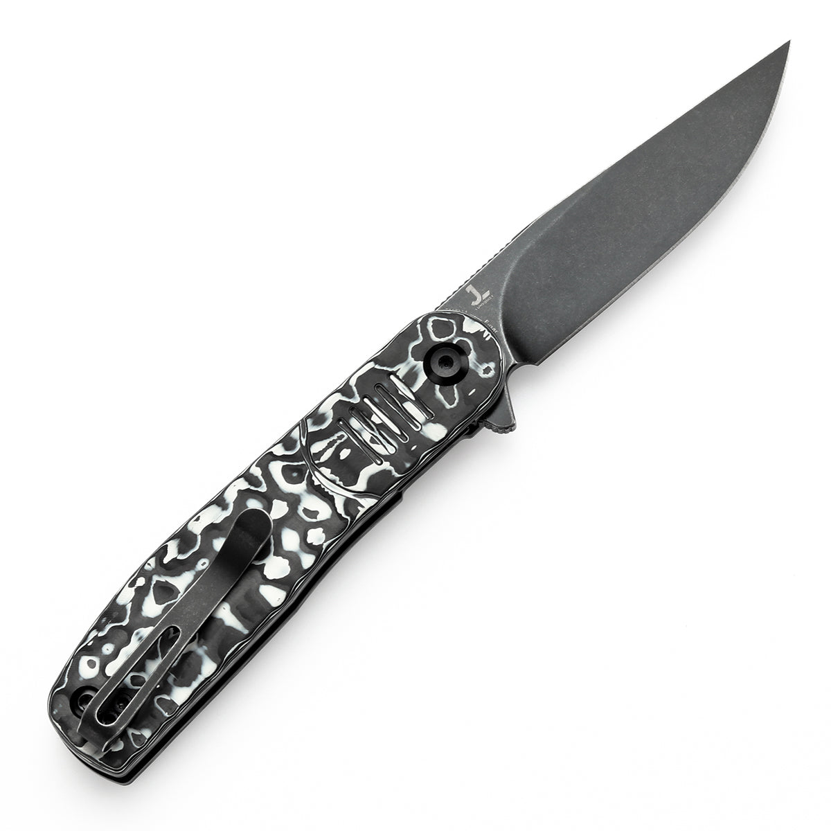 Expected to ship on March 20 -- Tenable Einar Folding Knife Black & White Carbon Fiber Handle (3.13'' Blackwash Nitro-V Blade) Justin Lundquist Design-T2072A4