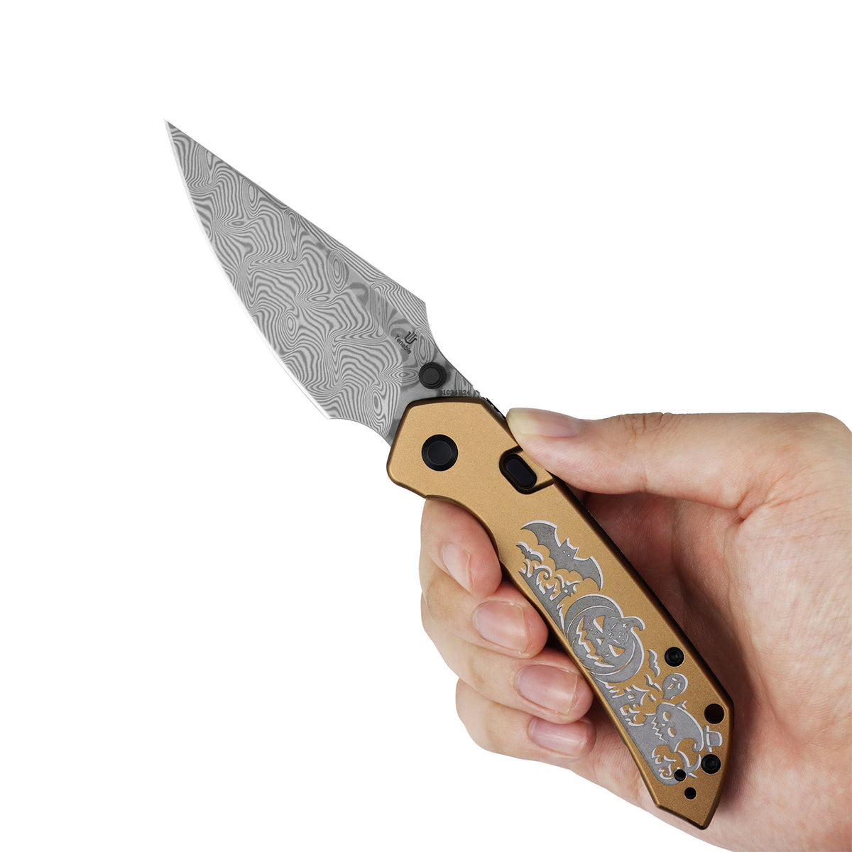 Tenable Fenrir Halloween Limited Edition Folding Knife | Top Liner Lock | 3.4" Water Ripple Damascus Blade | Golden Anodized Aluminum Spooky Gothic Pattern Handle | Sparrow Knife Design - B1034H24