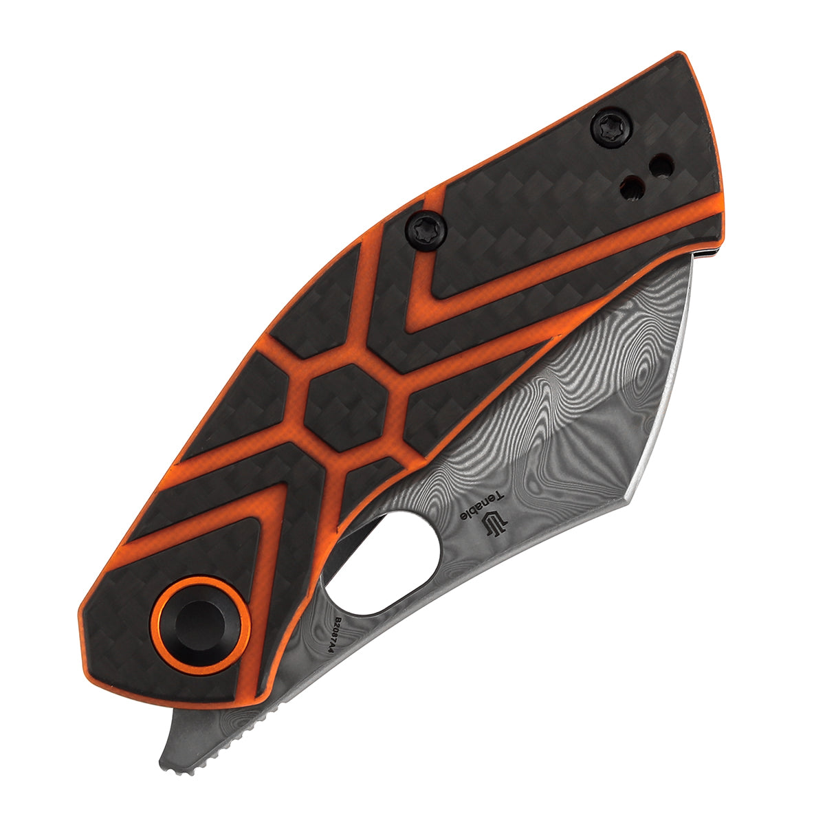 Pre-Order ：Ships by Aug. 10 | Tenable Osprey Folding Knife | 2.22" Water Ripple Damascus | Twill Carbon Fiber & Orange G10 Handle | Triple Stripe Knives Design - B2087A4