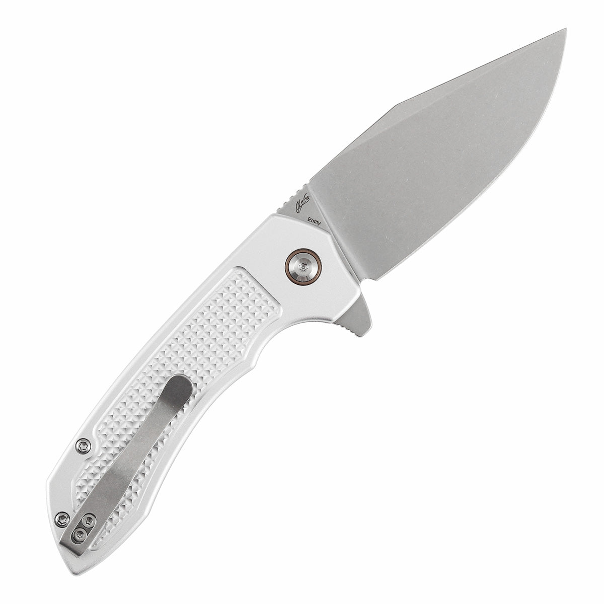 Tenable Entity - Button Lock - 3.52'' Stonewashed 14C28N - Silver Aluminum with Checkered Texture - Nalu Knives Design - B1036F3