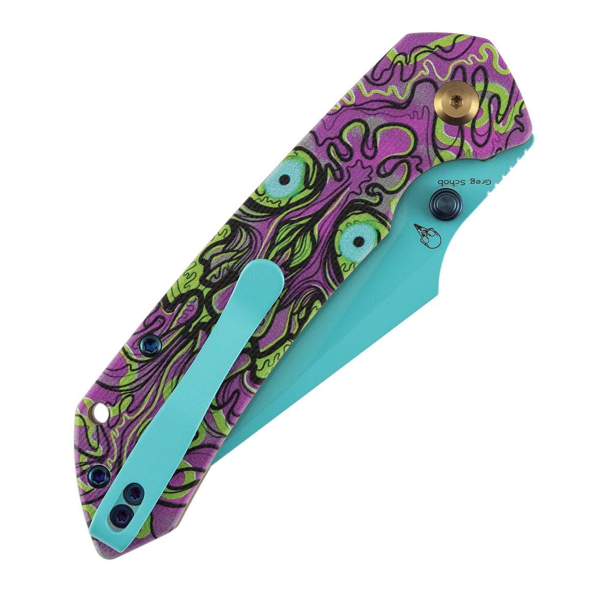 Fenrir Button Lock Knife | Jade G10 with Purple Undead Print Handle | 3.45" Blue Coated 14C28N Blade| Sparrow Knife Design | T1034F9