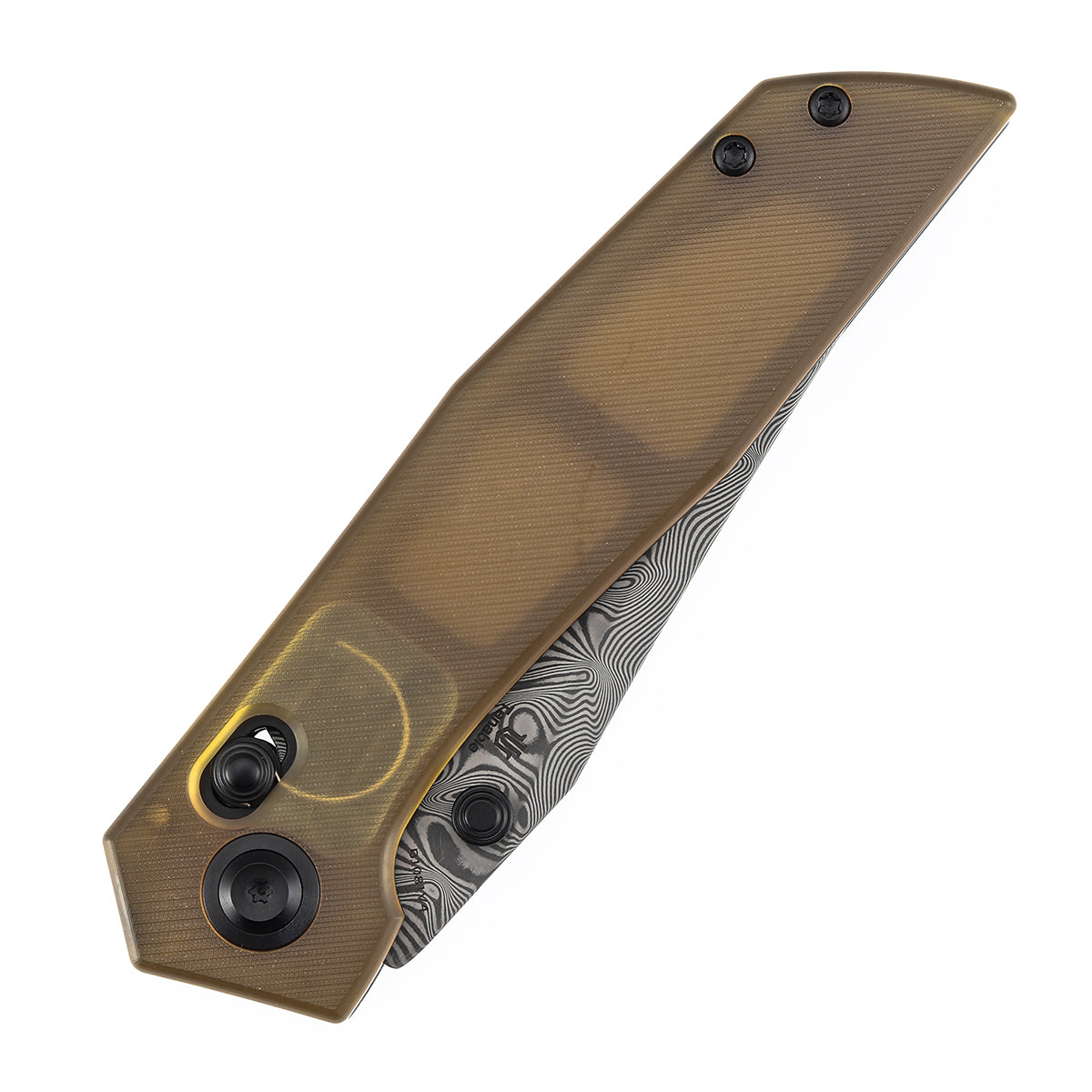 Tenable Deadite Cross Bar Lock Knife | 3.52" Water Ripple Damascus Blade | Amber PEI Handle | TuffKnives Design - B1081V4