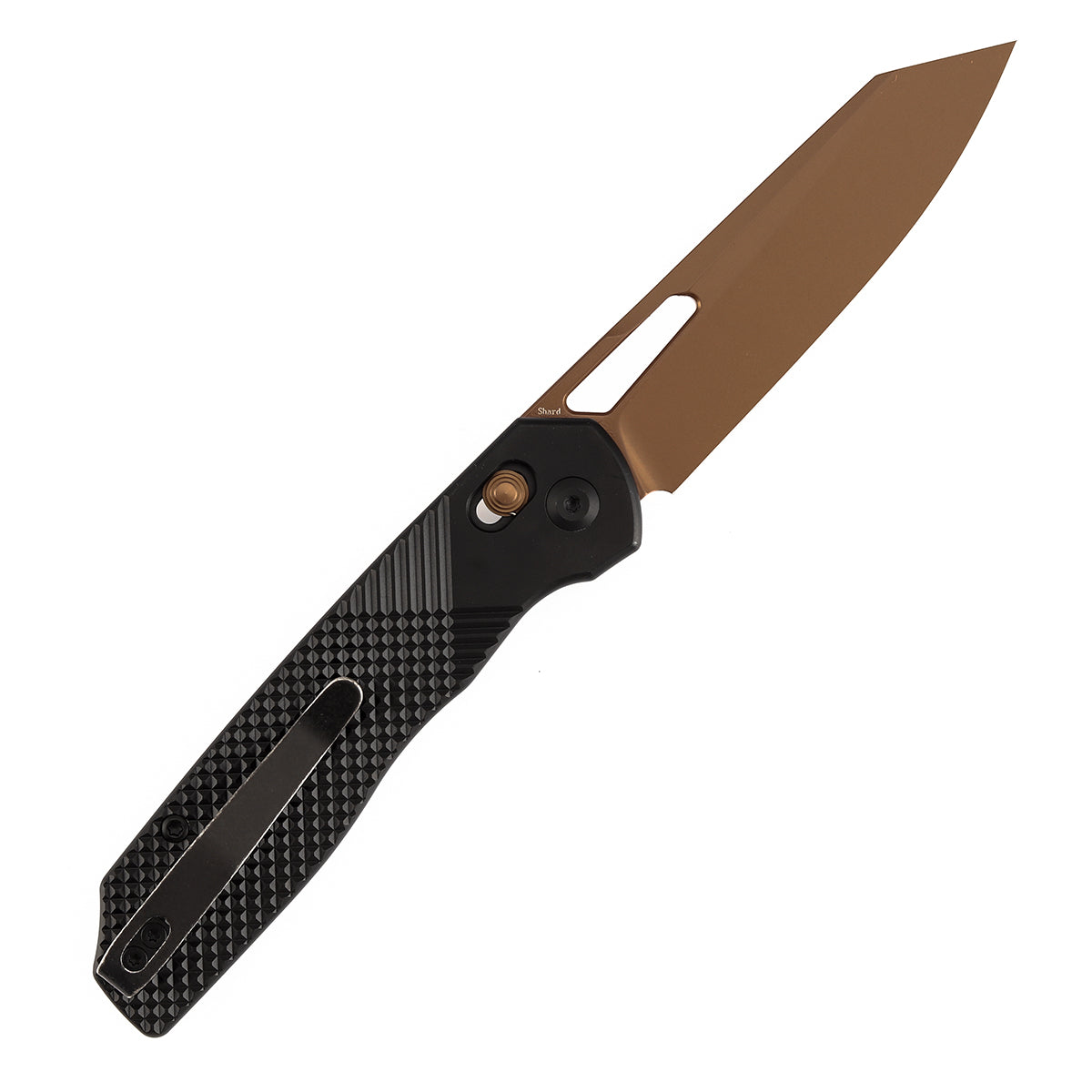 Tenable Shard | Cross Bar Lock Folding Knife | 3.47'' Rose Gold 14C28N Blade | Black Aluminum Handle | Kim Ning Design | T1006V10