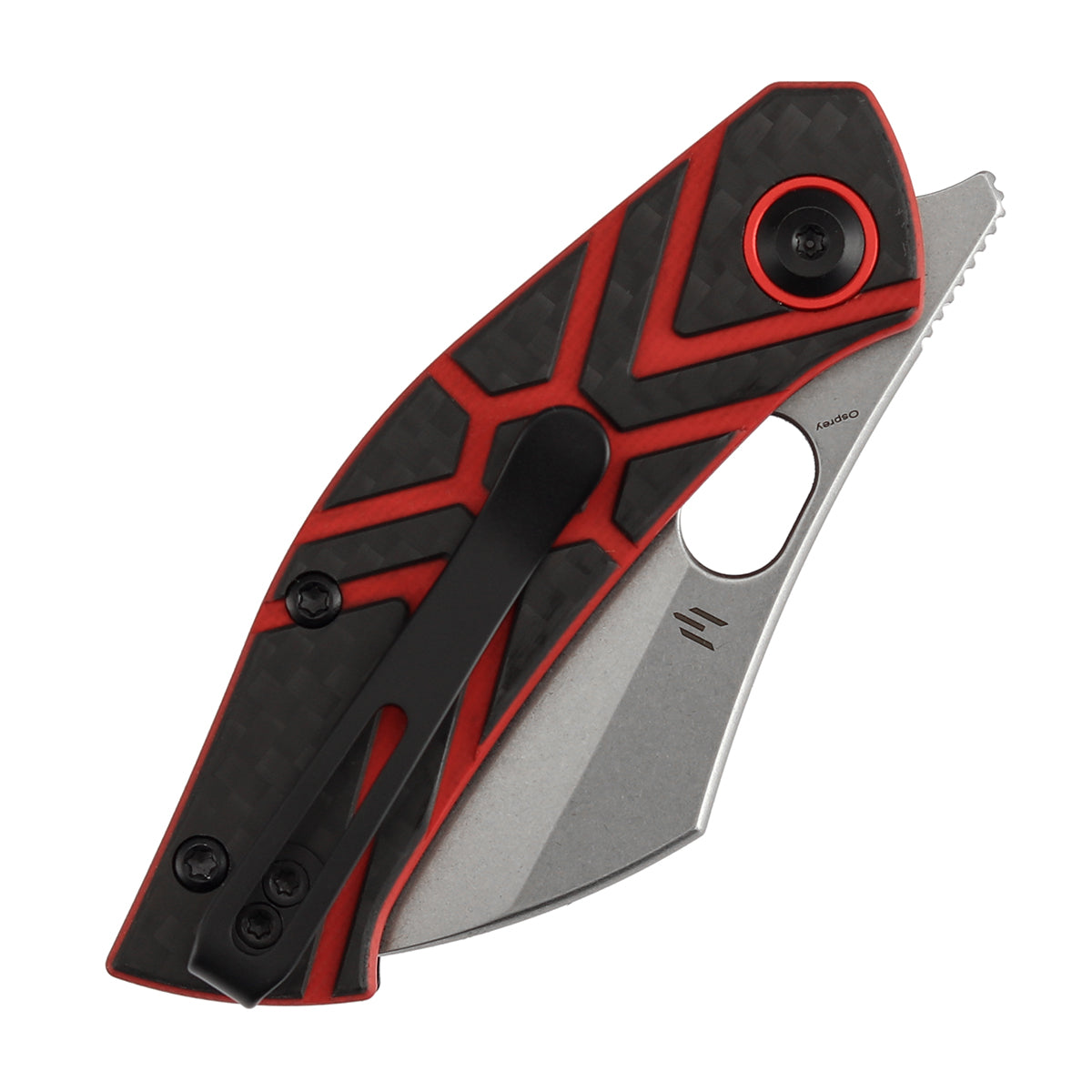Pre-Order ：Ships by Aug. 10 | Tenable Osprey Folding Knife | 2.22" Stonewashed Nitro-V | Twill Carbon Fiber & Red G10 Handle | Triple Stripe Knives Design - B2087A3