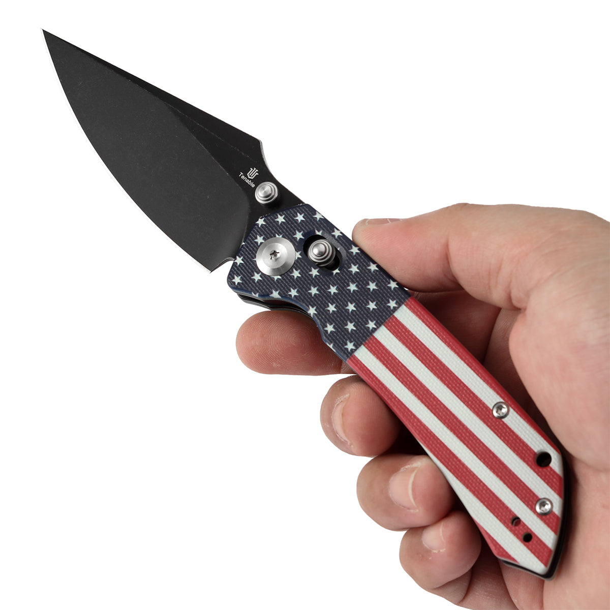Tenable Fenrir Cross Bar Lock | Jade G10 with American Flag Handle | 3.49" Blackwashed Nitro-V Blade | Sparrow Knife Design | T1034V9