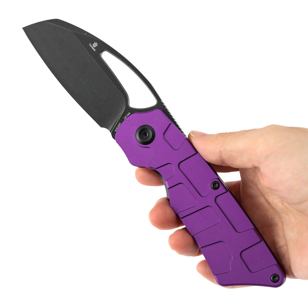 Tenable Goblin L Folding Knife | 3.24'' Blackwash 14C28N Blade | Purple Anodized Aluminum with Amphibian-inspired Geometric Texture Handle | Marshall Noble Design | B3016A3