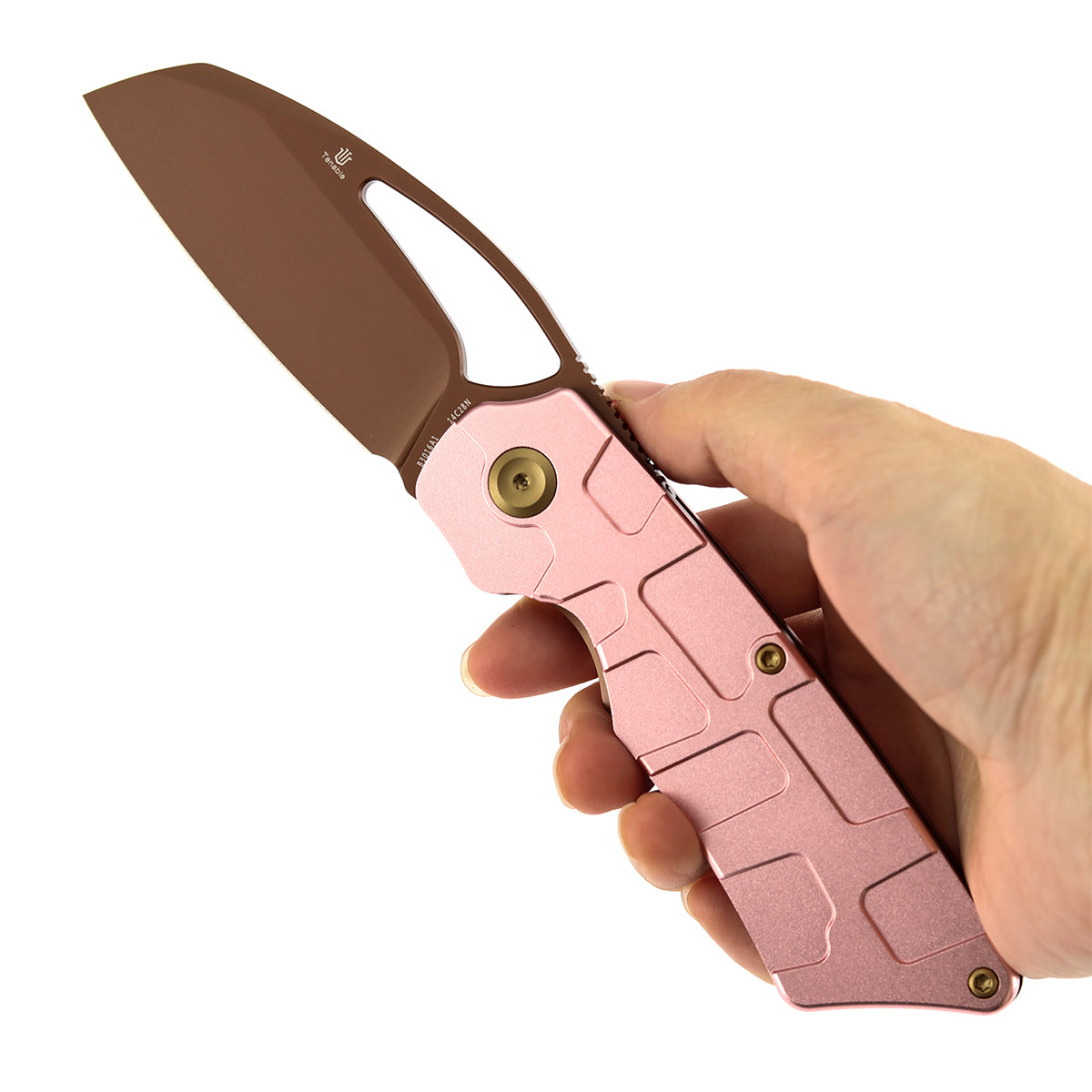 Tenable Goblin L Folding Knife | 3.24'' Rose Gold 14C28N Blade | Rose Gold Aluminum with Amphibian-inspired Geometric Texture Handle | Marshall Noble Design | B3016A1