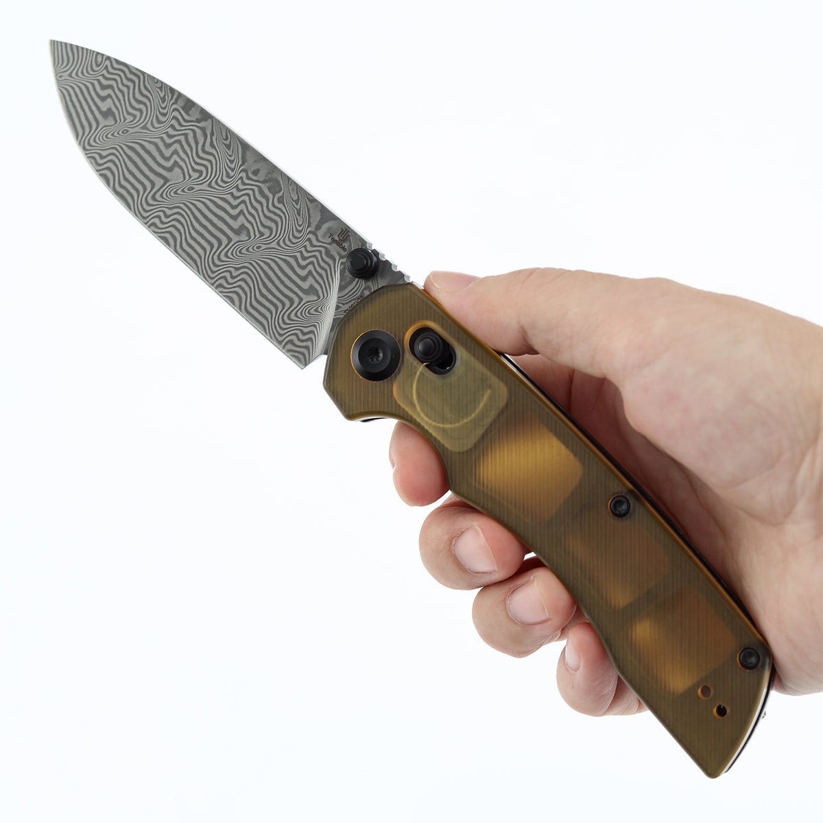 Tenable Kryo Cross Bar Lock | Amber PEI/Ultem Handle | 3.58‘’ Damascus Blade | Kim Ning Design-T1001V10