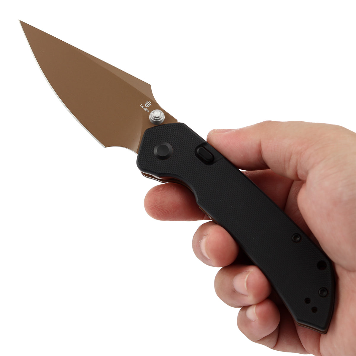Tenable Fenrir Top Liner Lock Folding Knife| Black G10 Handle | 3.48“ Rose Gold Coated Nitro-V Blade | Black Hardware & Silver Thumb Stud | Sparrow Knife Design | B1034H3-2