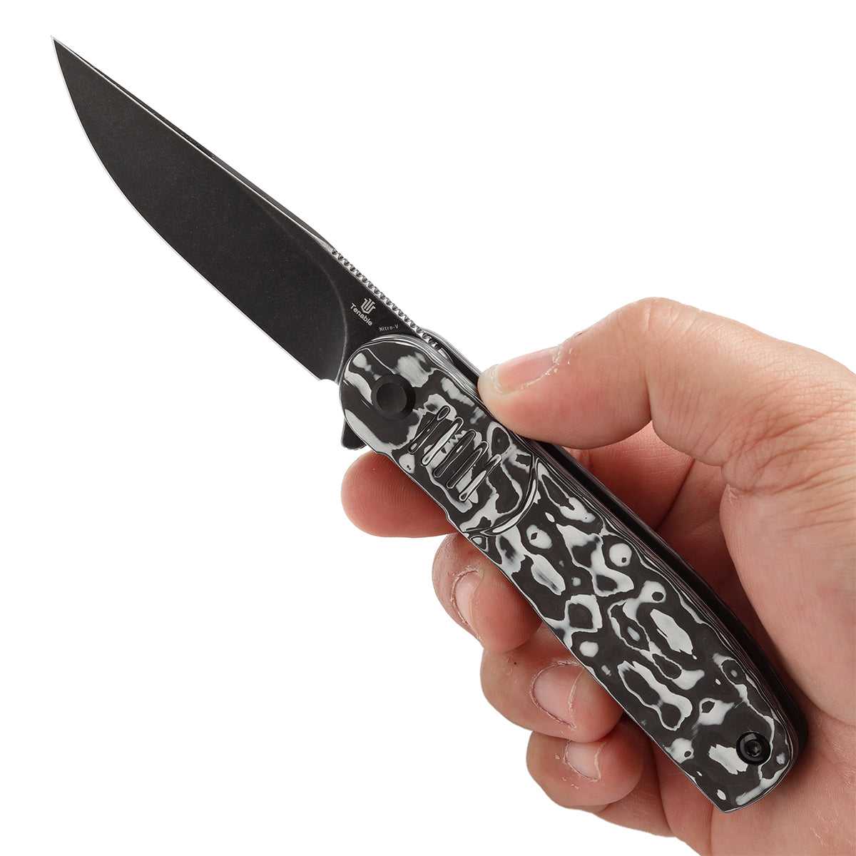 Expected to ship on March 20 -- Tenable Einar Folding Knife Black & White Carbon Fiber Handle (3.13'' Blackwash Nitro-V Blade) Justin Lundquist Design-T2072A4