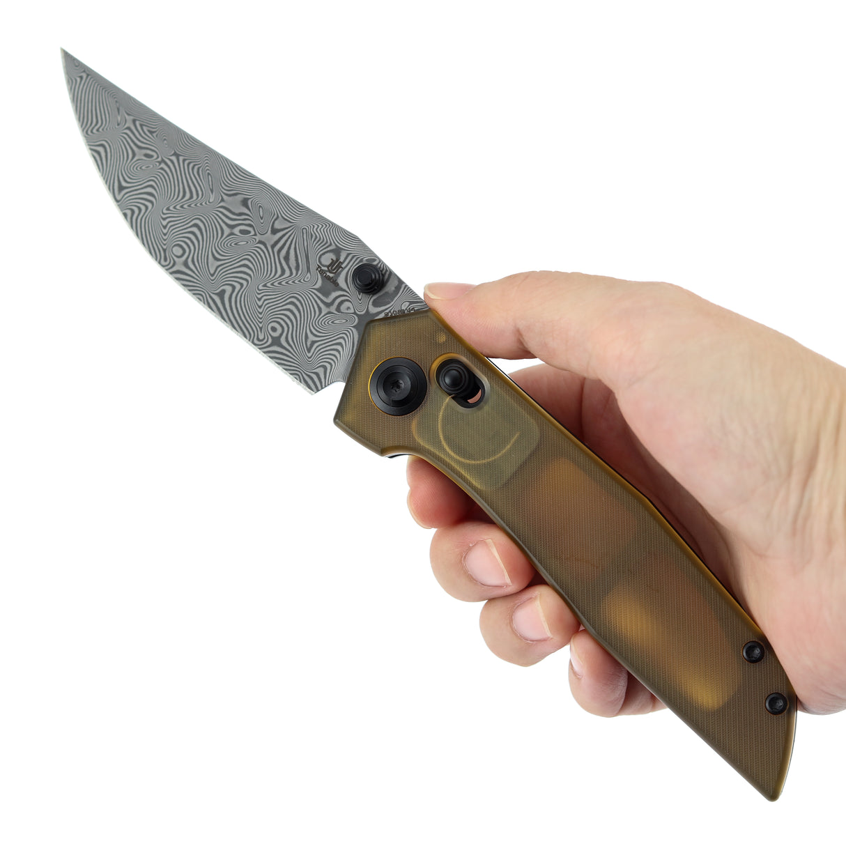 Tenable Deadite Cross Bar Lock Knife | 3.52" Water Ripple Damascus Blade | Amber PEI Handle | TuffKnives Design - B1081V4