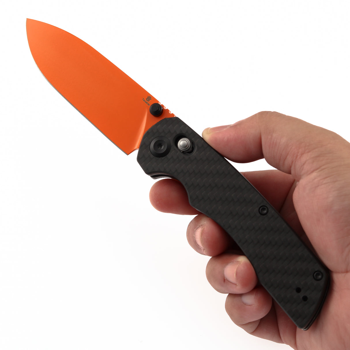 Tenable Kryo Cross Bar Twill Carbon Fiber+G10 Handle | 3.58‘’ Orange Coated 14C28N Blade | Kim Ning Design-T1001V12