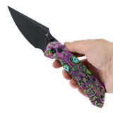 Fenrir Button Lock Knife | Jade G10 with Purple Undead Print Handle | 3.45" Blackwash 14C28N Blade| Sparrow Knife Design | T1034F7