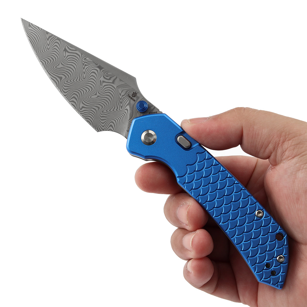 Available on TikTok - Tenable Fenrir Top Liner Lock Folding Knife| Dark Blue Anodized Aluminum with  Fishscale Texture Handle | 3.48“ Damascus Blade | Sparrow Knife Design | B1034H9
