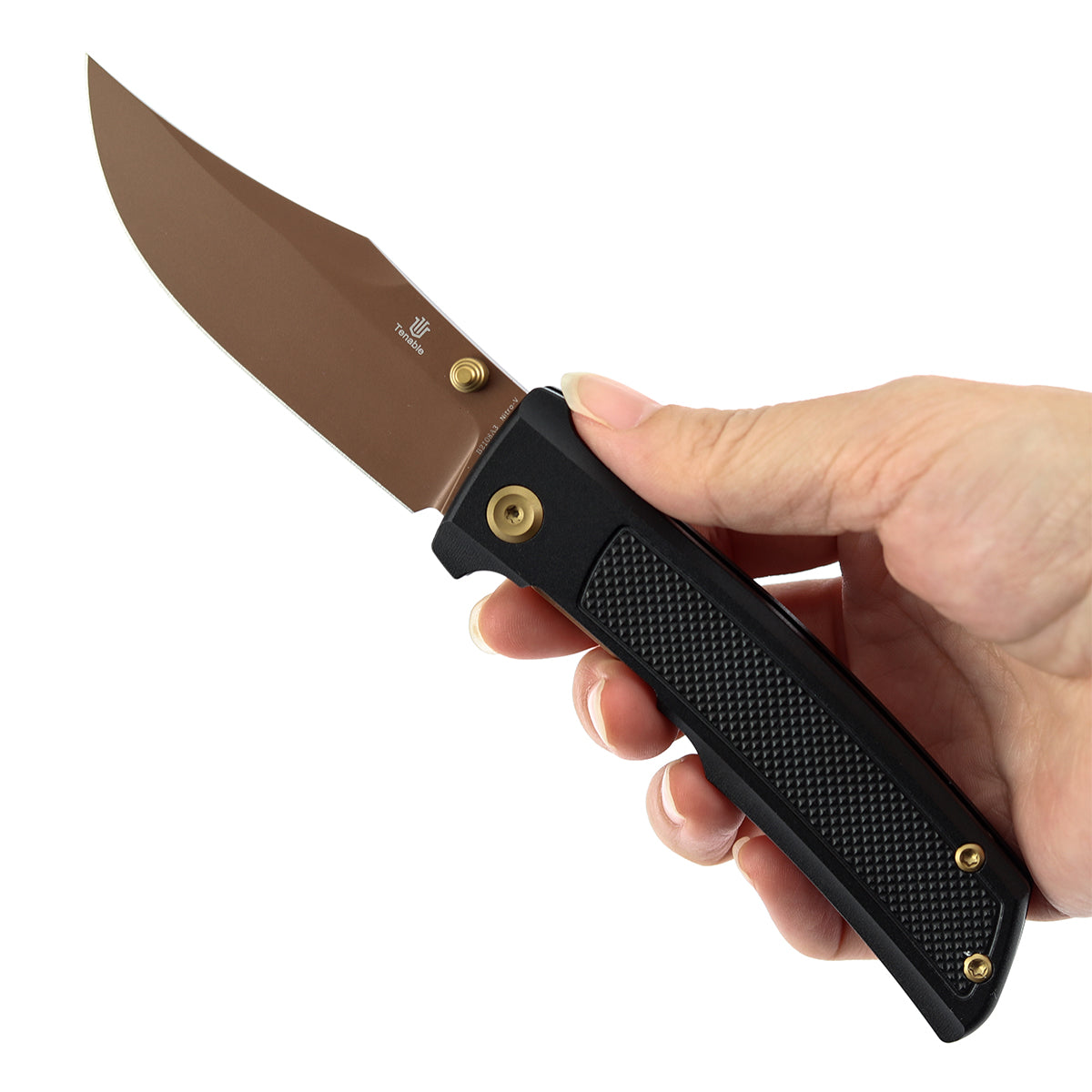 Tenable Bison Folding Knife | 3.24'' Rose Gold Nitro V Blade | Black Aluminum with Frag Pattern Handle | Ray Laconico Knives Design | B2108A3