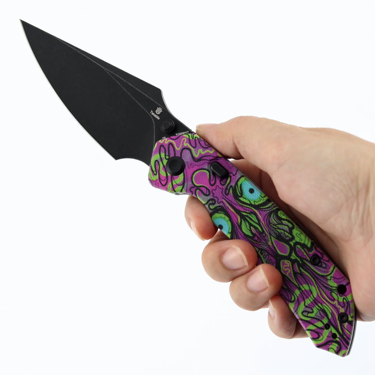 Tenable Fenrir Top Liner Lock Folding Knife| 3.4“ Blackwash Nitro-V Blade | Jade G10 with Purple Undead Print Handle | Sparrow Knife Design | B1034H17