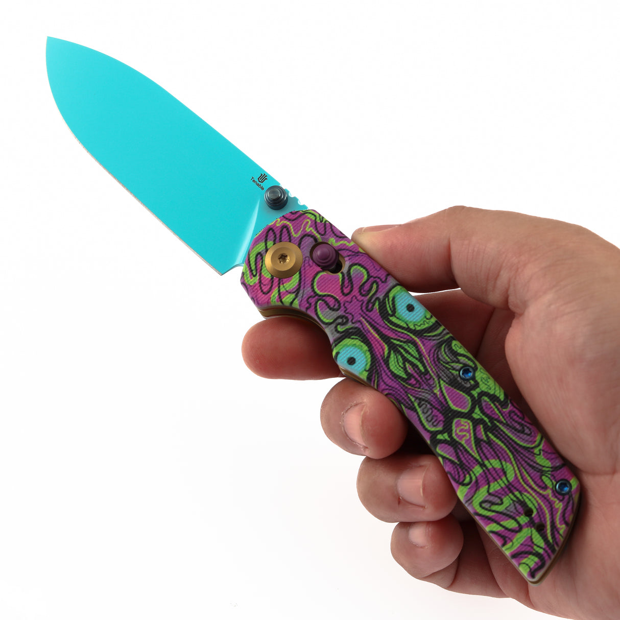 Tenable Kryo Cross Bar Lock Jade G10 with Purple Undead Print Handle | 3.58‘’ Blue Coated 14C28N Blade| Kim Ning Design - T1001V9