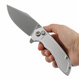 Tenable Entity - Button Lock - 3.52'' Stonewashed 14C28N - Silver Aluminum with Checkered Texture - Nalu Knives - B1036F3