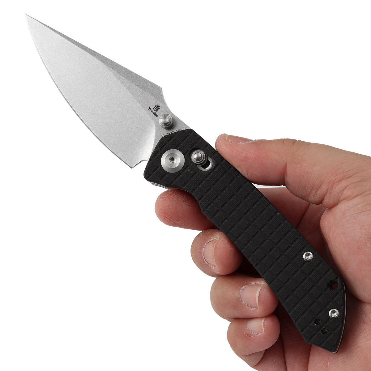 Tenable Fenrir Cross Bar Lock Folding Knife| Black G10 with Frag Pattern| 3.49“ Stonewashed Nitro-V Blade | Sparrow Knife Design | T1034V7