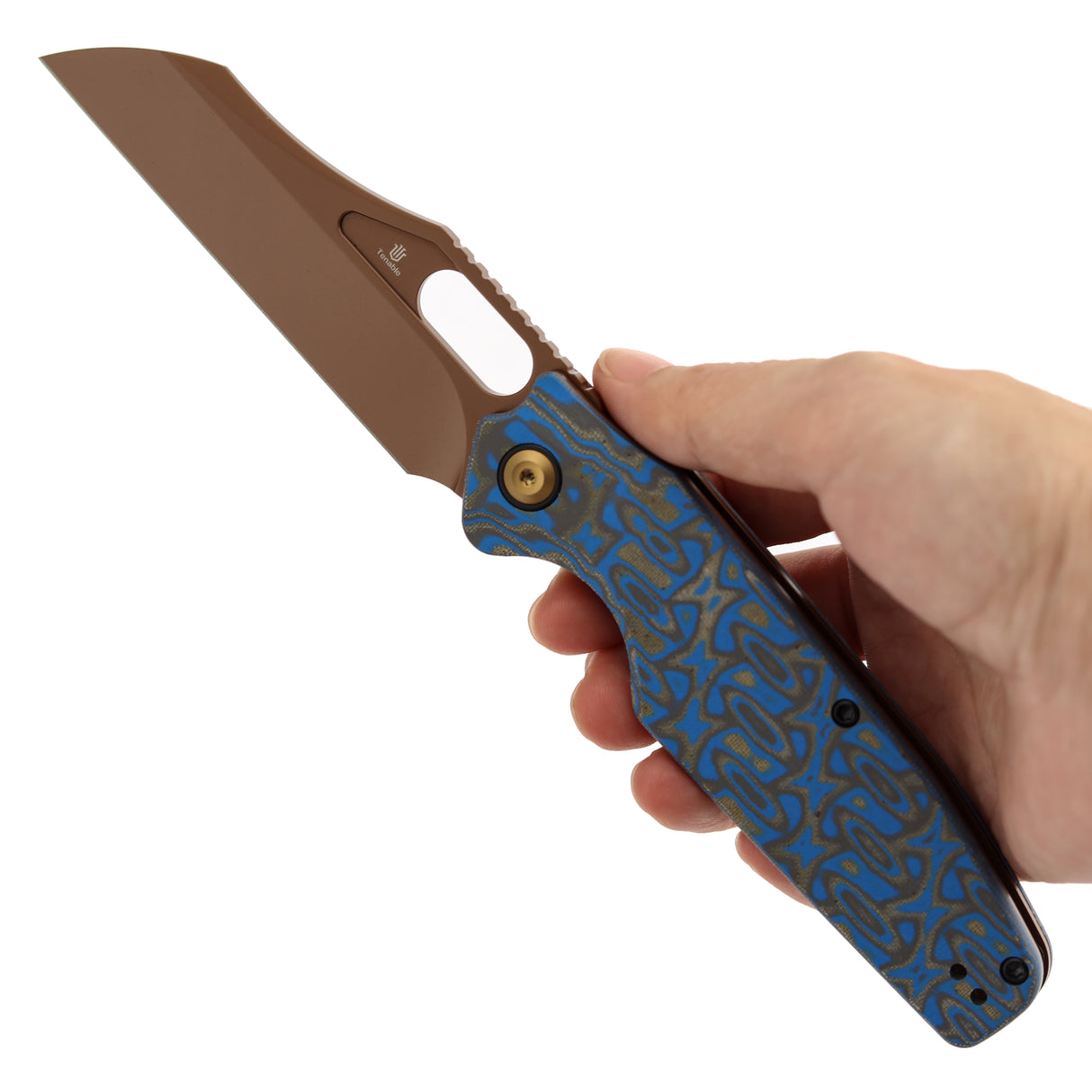 Tenable Tuckamore Folding Knife | 3.54" Rose Gold Nitro V | Blue & Yellow Vortex Micarta | Jonathan Styles Design - B1052A3