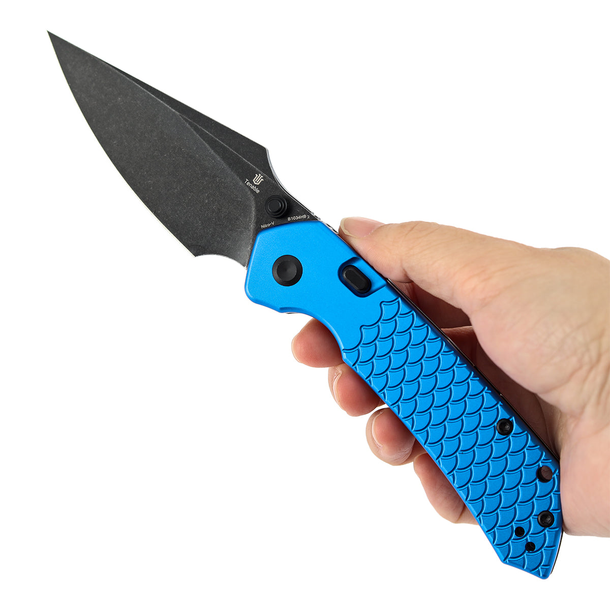 Tenable Fenrir Top Liner Lock Folding Knife| | 3.48“ Blackwash Nitro V Blade | Dark Blue Anodized Aluminum with  Fishscale Texture Handle | Sparrow Knife Design | B1034H92