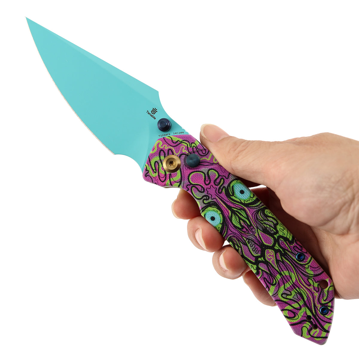 Fenrir Button Lock Knife | Jade G10 with Purple Undead Print Handle | 3.45" Blue Coated 14C28N Blade| Sparrow Knife Design | T1034F9