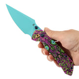 Fenrir Button Lock Knife | Jade G10 with Purple Undead Print Handle | 3.45" Blue Coated 14C28N Blade| Sparrow Knife Design | T1034F9