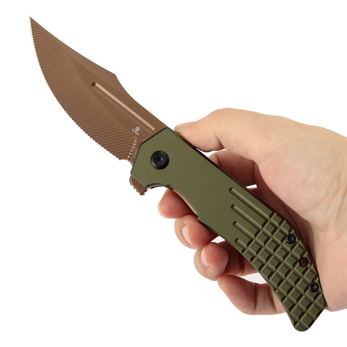 Tenable Orion Flipper Folding Knife |  3.07" Rose Gold Nitro V with CNC Milling Blade | Green Aluminum Handle | JB Stout Design | B1089C2